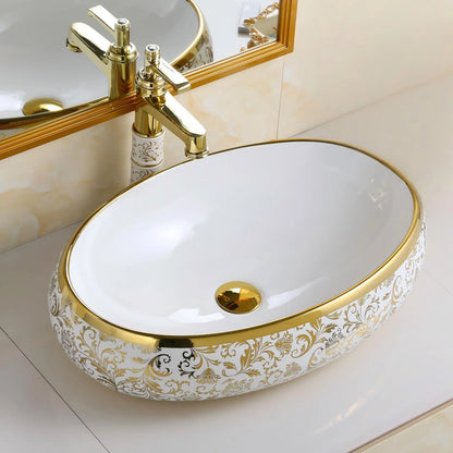 Luxury Golden Vanity Table Top Wash Basin Ceramic Art Oval Lavabo Electroplated Bathroom Vessel Sink