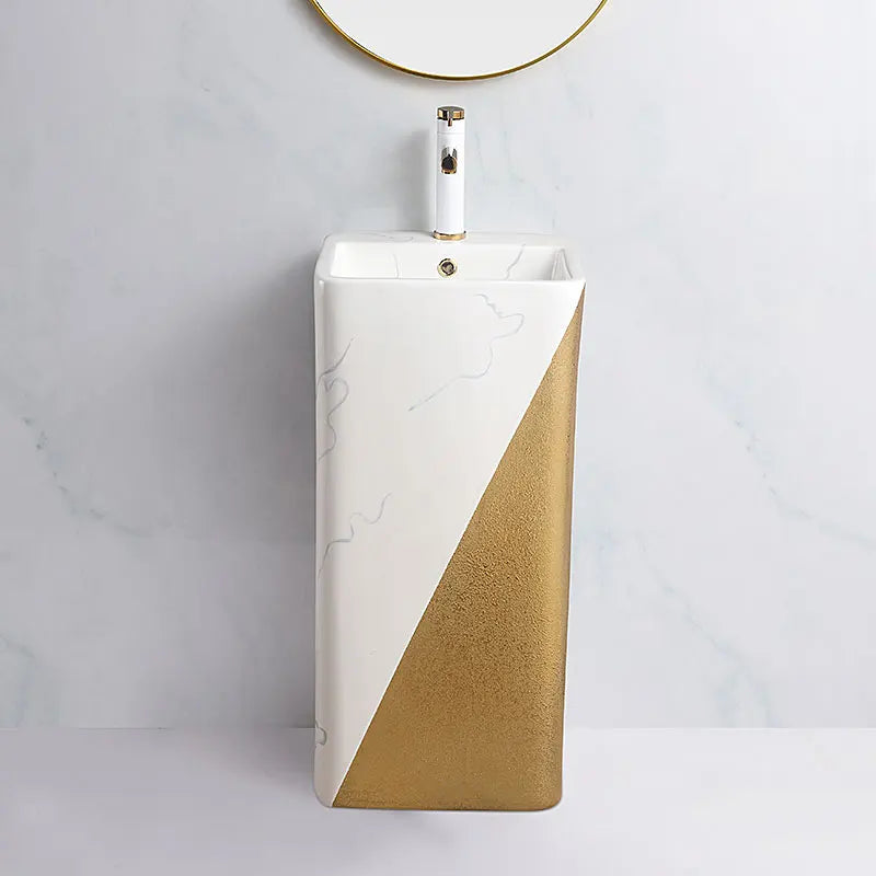 Modern Rectangular Gold Marble Pedestal Wash Basin One Piece Free Standing Ceramic White Bathroom Sink Drainer Single Hole MUBI