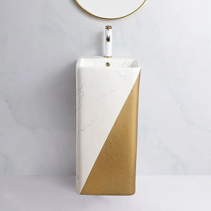 Modern Rectangular Gold Marble Pedestal Wash Basin One Piece Free Standing Ceramic White Bathroom Sink Drainer Single Hole MUBI