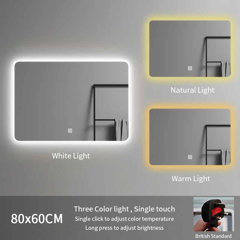 80*60 Rectangle Led Spiegel Illuminated Frameless Smart Adjustable Color Temperature Moisture Proof Bathroom Hotel Use Mirror