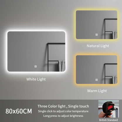80*60 Rectangle Led Spiegel Illuminated Frameless Smart Adjustable Color Temperature Moisture Proof Bathroom Hotel Use Mirror