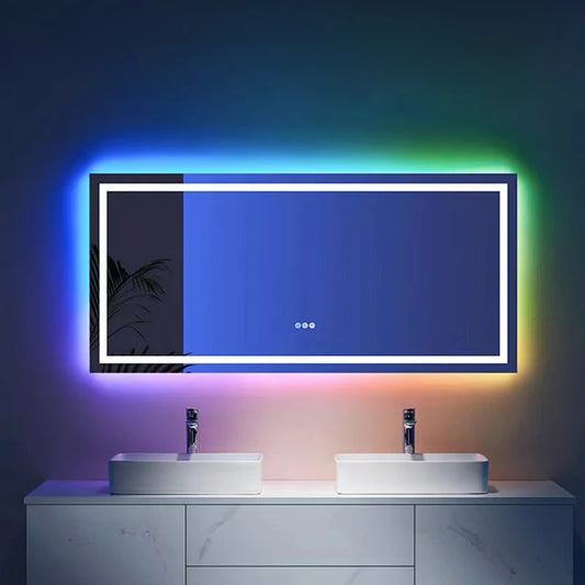 مرآة حائط ذكية مستطيلة بإضاءة خلفية للحمام، مع خاصية تغيير الألوان بتقنية RGB LED وبلوتوث للموسيقى بدون إطار