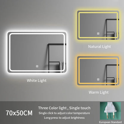Modern Rectangle Frameless LED Bathroom Wall Mirror 70*50 Three-Color Illuminated for Hotel or Apartment