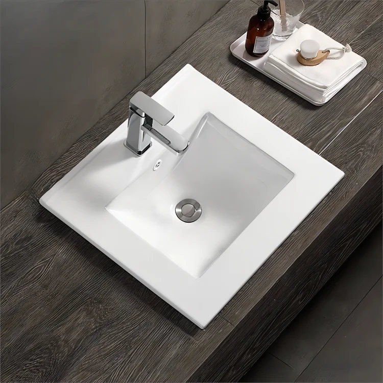 Modern Villa Hotel Apartment Slim Rectangle Ceramic White Single Hole Top Mount Bathroom Wash Basin