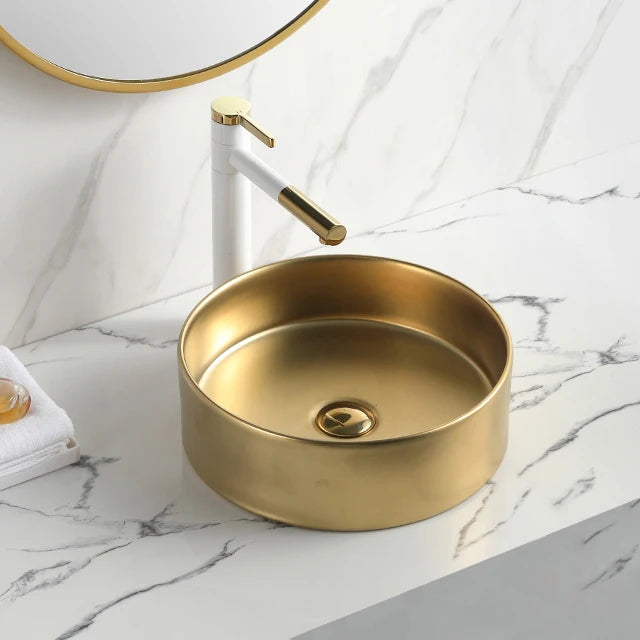 Artistic Golden Color Luxury Bathroom Wash Basin Hotel Lavatory Ceramic Round Small Countertop Sink