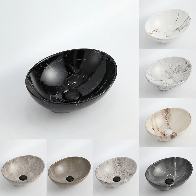 Dark Oval Ceramic Art Table Top Wash Basin Bowl Bathroom Small Above Counter Brown Marble Sink