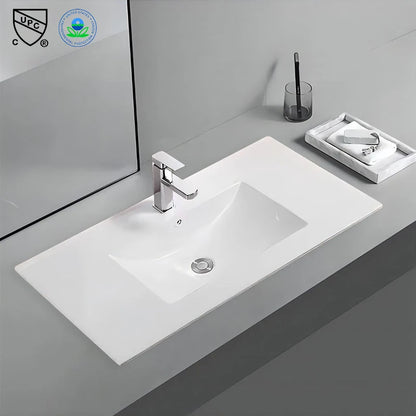 Modern 910mm Hotel Thin Edge White Ceramic Rectangular Bathroom Countertop Vanity Sink with Easy Clean for Apartment and Villa