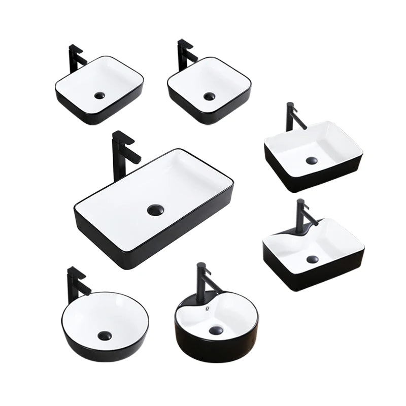 Square Bathroom Black Ceramic Round Countertop Wash Basin Bowl White Table Top Lavatory Sink