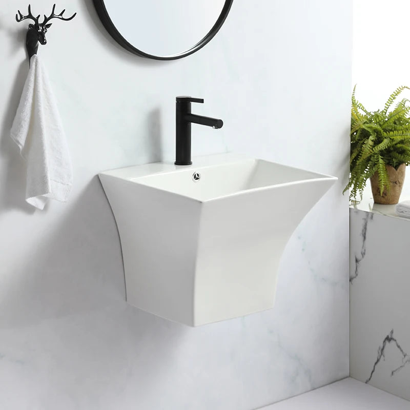 MUBI Modern Design One Piece White Bathroom Ceramic Easy Clean Wall Hung Half Pedestal Washing Basin with 2-Year Warranty