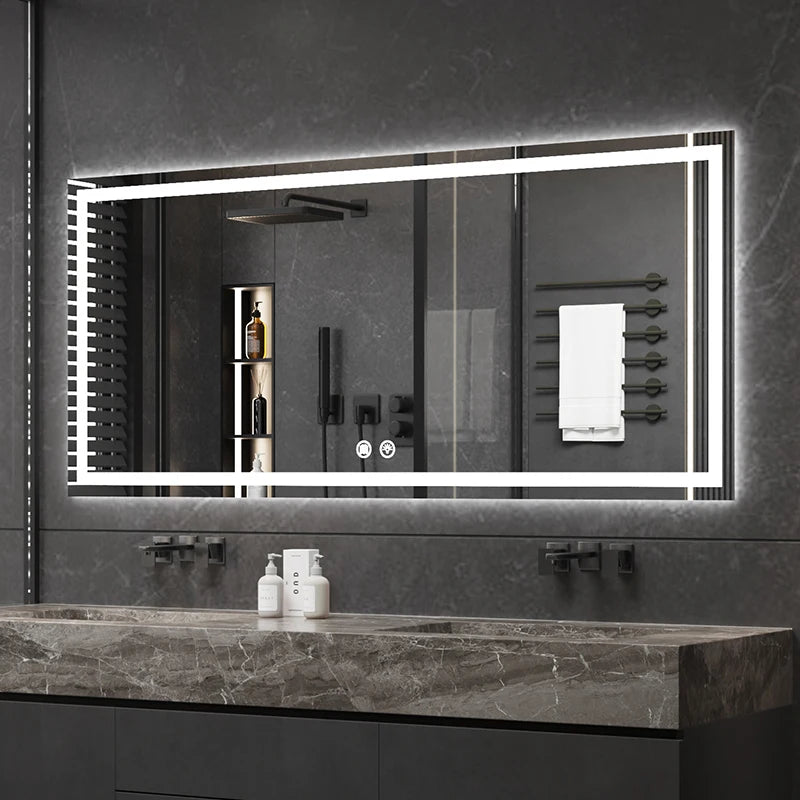 مرآة حائط مستطيلة كبيرة ذكية مزودة بإضاءة LED للحمام، مزودة بشاشة لمس حديثة وتصميم جرافيك، لديكور المنزل والشقق