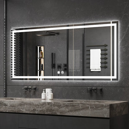 مرآة حائط مستطيلة كبيرة ذكية مزودة بإضاءة LED للحمام، مزودة بشاشة لمس حديثة وتصميم جرافيك، لديكور المنزل والشقق
