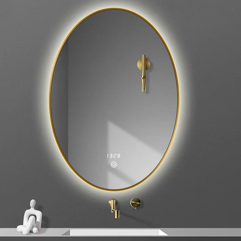 Modern Design Hotel Villa Apartment Bathroom Wall-Mounted Oval Illuminated Smart Backlit Moisture Proof Gold Frame Vanity Mirror