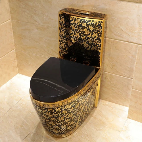 Luxury Modern One Piece Dual-Flush S-Trap Floor Mounted Black Gold Toilet Bowl with Ceramic Material