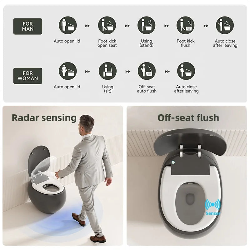 Modern Smart Toilet Bidet Grey Round S-Trap Automatic Remote Control and AI Voice Control with Heated Seat and Seat Heating
