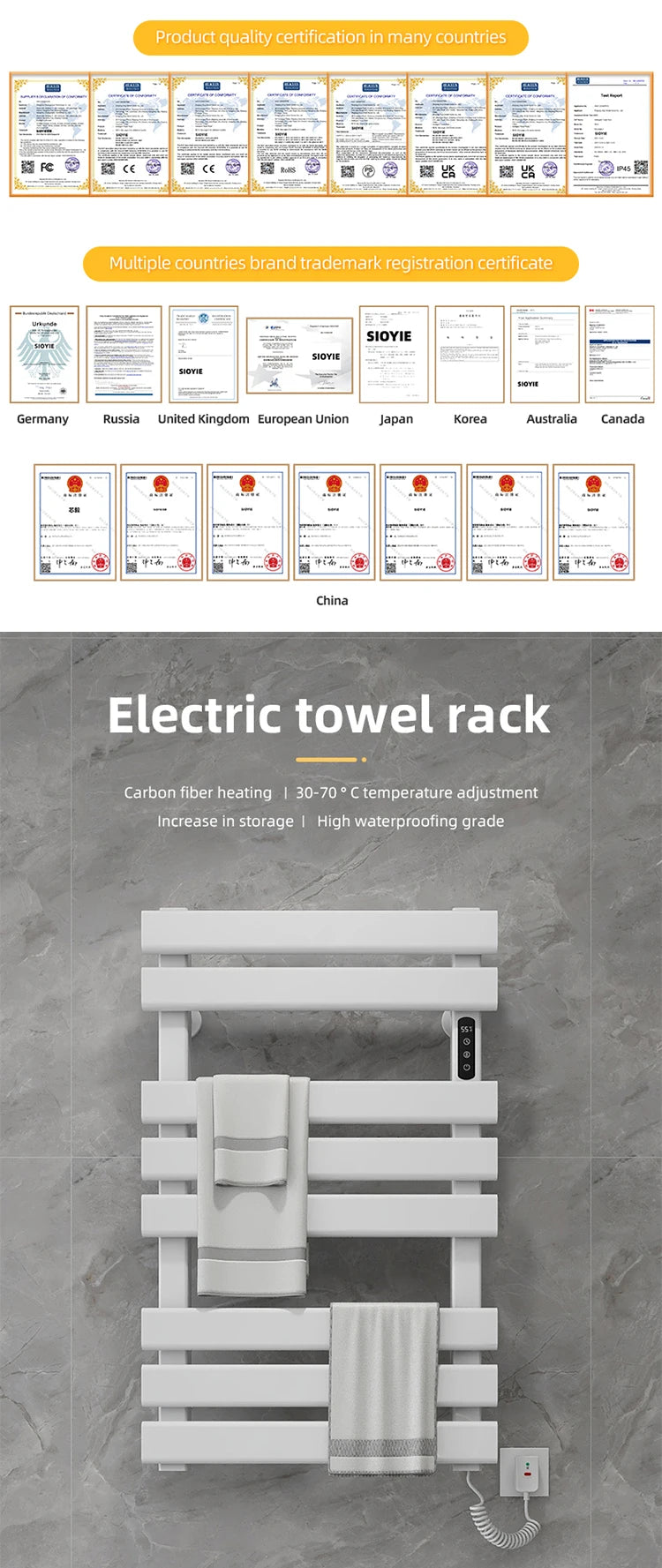 Bathroom Accessories Heater Drying Towel Rack Black Adhesive Electric Towel Warmer Rack