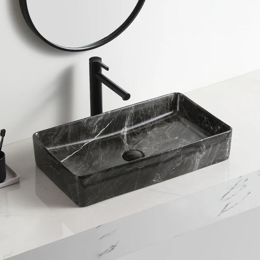 Hot Sale Ceramic Black Marble Rectangular Countertop Sink Bathroom Solid Surface Fancy Wash Basin
