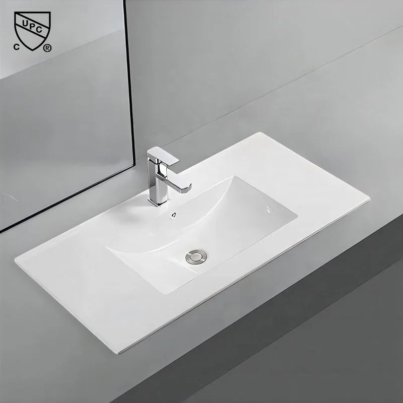 Modern 910mm Hotel Thin Edge White Ceramic Rectangular Bathroom Countertop Vanity Sink with Easy Clean for Apartment and Villa