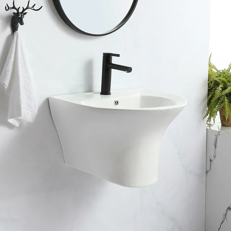 MUBI Modern Design One Piece White Bathroom Ceramic Easy Clean Wall Hung Half Pedestal Washing Basin with 2-Year Warranty
