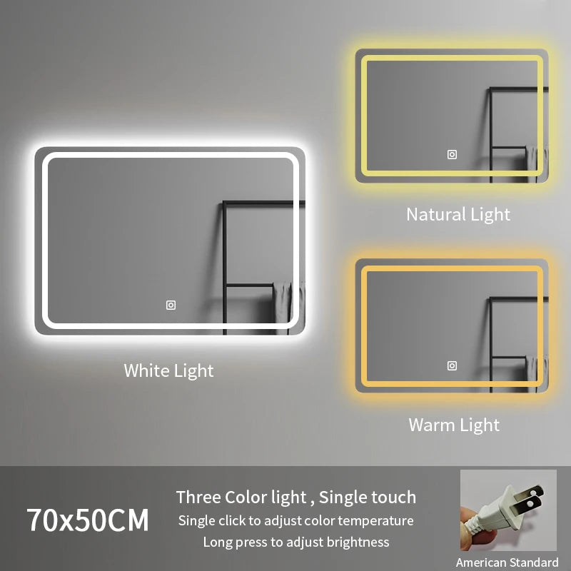 Modern Rectangle Frameless LED Bathroom Wall Mirror 70*50 Three-Color Illuminated for Hotel or Apartment