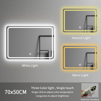 Modern Rectangle Frameless LED Bathroom Wall Mirror 70*50 Three-Color Illuminated for Hotel or Apartment