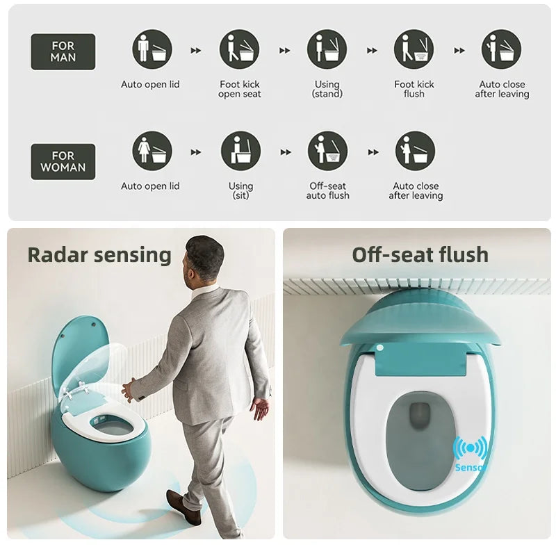 Innovation Fully Automatic Sensor Flush Intelligent Toilet Egg Green WC Bowl Smart Toilet Rounded Curves Remote Control S-Trap
