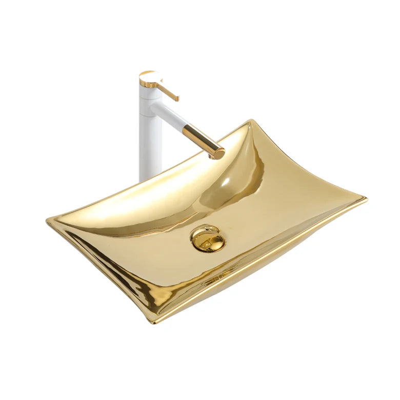 Luxury Golden Color Artistic Fancy Wash Basin Silver Hotel Ceramic Rectangular Bathroom Vessel Sink