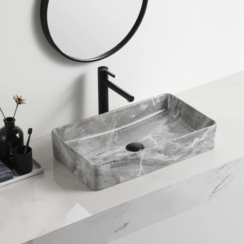 High Quality Bathroom Grey Rectangular Marbled Easy Clean Modern Ceramic Top Mounted Counter Top Sink Wash Basin