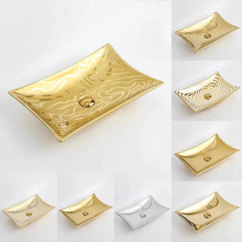 Luxury Golden Color Artistic Fancy Wash Basin Silver Hotel Ceramic Rectangular Bathroom Vessel Sink
