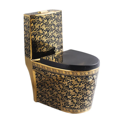 Luxury Modern One Piece Dual-Flush S-Trap Floor Mounted Black Gold Toilet Bowl with Ceramic Material