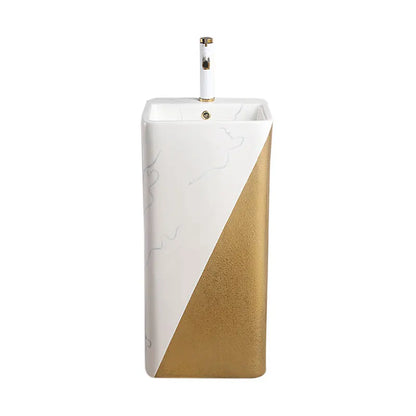 Modern Rectangular Gold Marble Pedestal Wash Basin One Piece Free Standing Ceramic White Bathroom Sink Drainer Single Hole MUBI