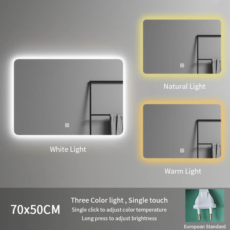 Modern Rectangle Frameless LED Bathroom Wall Mirror 70*50 Three-Color Illuminated for Hotel or Apartment