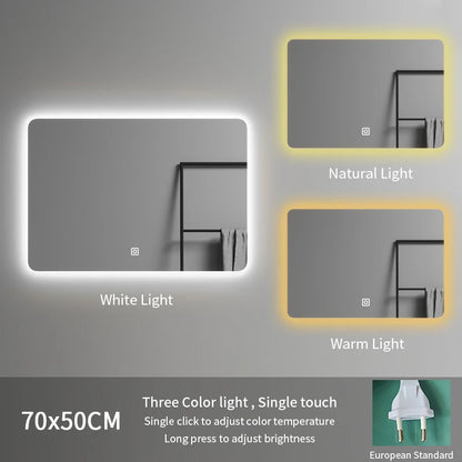 Modern Rectangle Frameless LED Bathroom Wall Mirror 70*50 Three-Color Illuminated for Hotel or Apartment
