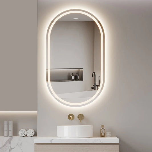 مرآة حائط ذكية بتصميم عصري بشكل قوس مع إضاءة LED وتحكم باللمس ومقاومة للرطوبة للمنزل والشقة والفيلا والحمام