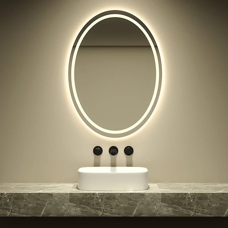 Oval Shaped Modern Intelligent Wall Mounted LED Smart Mirror Silver Lenses 3000-6000K Light Customizable 2-Year Warranty