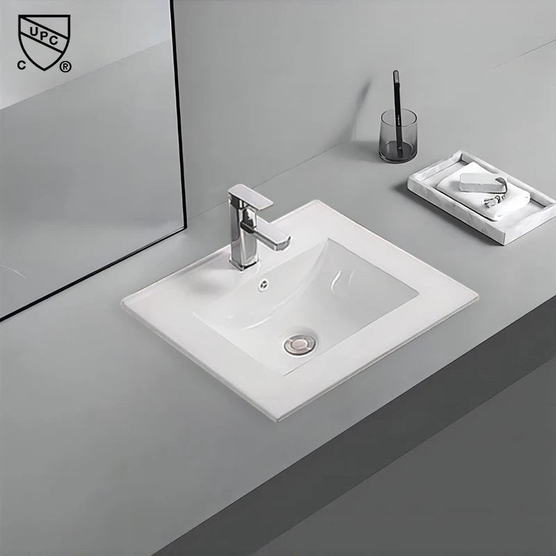Modern Villa Hotel Apartment Slim Rectangle Ceramic White Single Hole Top Mount Bathroom Wash Basin