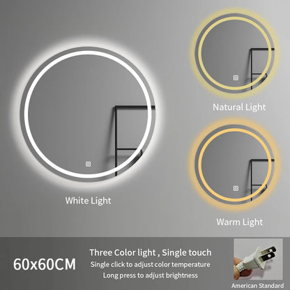 60cm Modern Illuminated Bathroom Mirror with Adjustable Color Temperature LED Light Smart Mirror Moisture Proof Wall Mounted