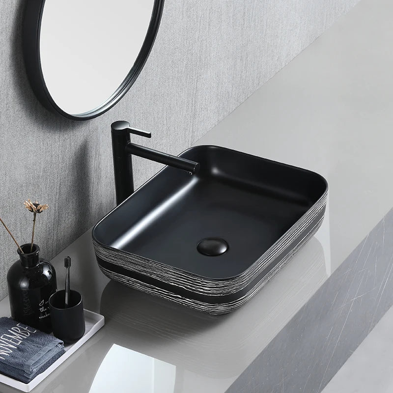 Decor Ceramic Matte Black Color Counter Top Sink Bathroom Art Rectangular Cabinet Basin