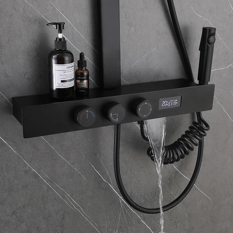 MUBI Luxury Bathroom Stainless Steel Rain Shower Set Wall Mounted Black Thermostatic Smart Digital Dual Handle Slide Bar Shower