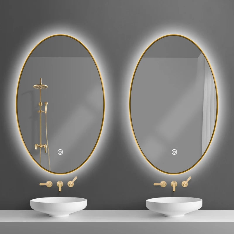 Modern Design Hotel Villa Apartment Bathroom Wall-Mounted Oval Illuminated Smart Backlit Moisture Proof Gold Frame Vanity Mirror