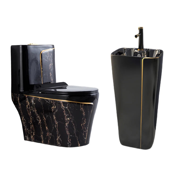 One Piece Black Gold Toilet Bowl Combo Luxury Water Closet Ceramic Bathroom WC Toilet Sink Set