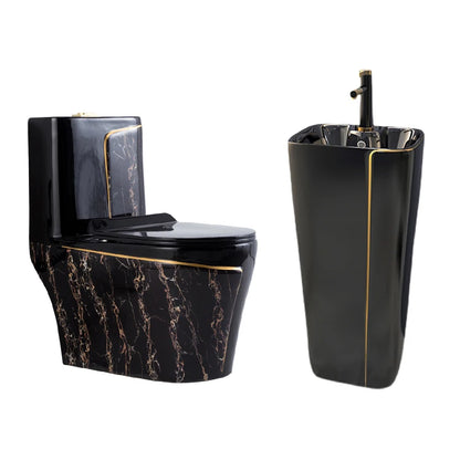 One Piece Black Gold Toilet Bowl Combo Luxury Water Closet Ceramic Bathroom WC Toilet Sink Set