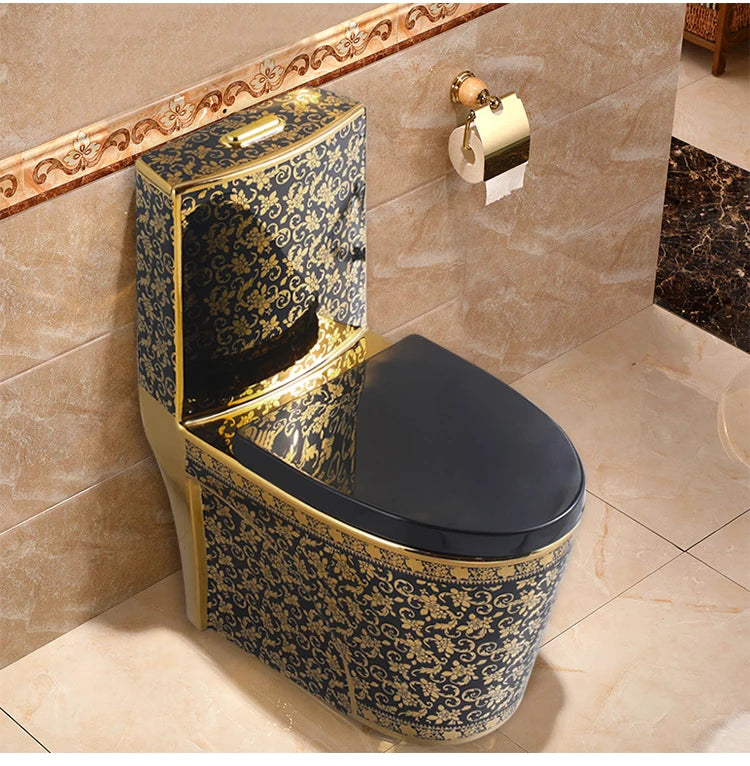 Luxury Modern One Piece Dual-Flush S-Trap Floor Mounted Black Gold Toilet Bowl with Ceramic Material