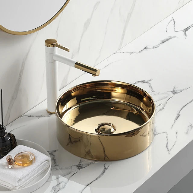 Artistic Golden Color Luxury Bathroom Wash Basin Hotel Lavatory Ceramic Round Small Countertop Sink