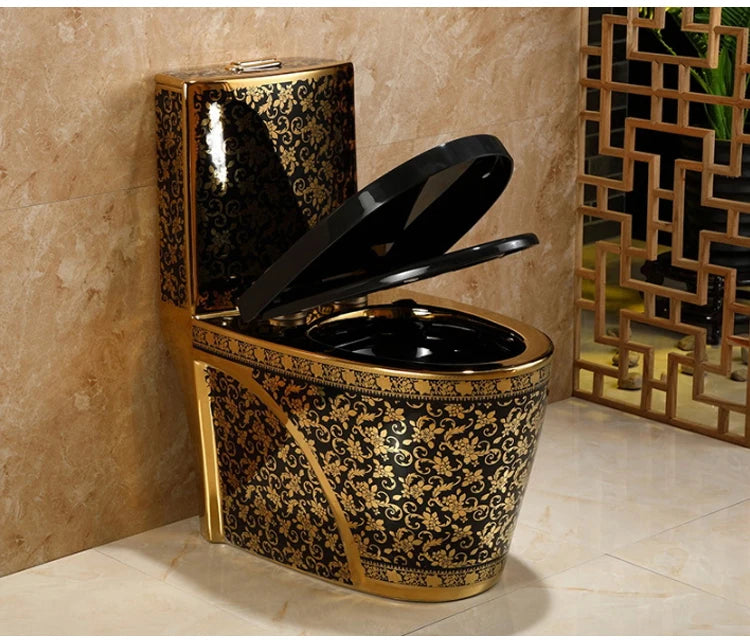 Luxury Modern One Piece Dual-Flush S-Trap Floor Mounted Black Gold Toilet Bowl with Ceramic Material
