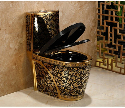 Luxury Modern One Piece Dual-Flush S-Trap Floor Mounted Black Gold Toilet Bowl with Ceramic Material
