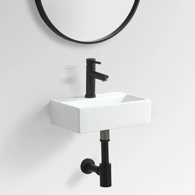 Hot Sale Modern Small Rectangular White Ceramic Wall Hung Hotel Bathroom Sink with Towel Shelf