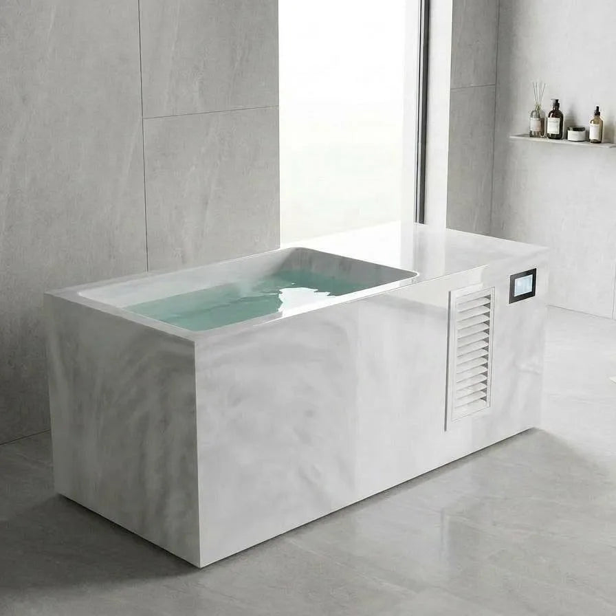 Grey White Texture Acrylic Cold Plunge Freestanding Integrated 1.5HP Cooling Chiller Machine All in One Ice Bathtub