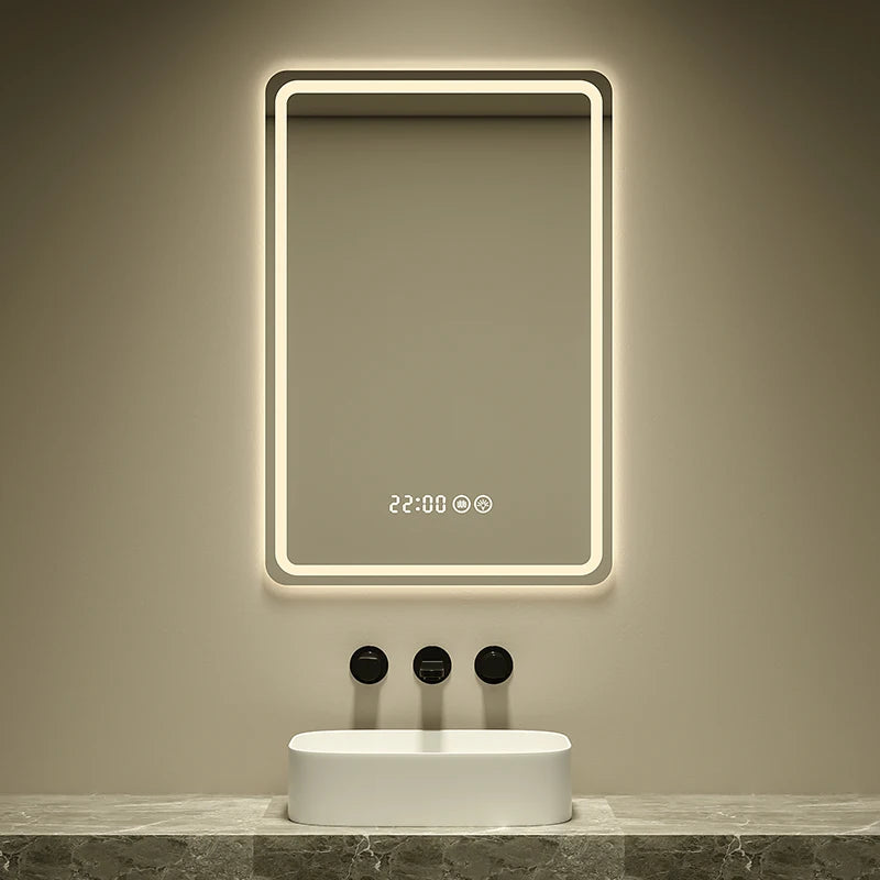 Luxury Modern Rectangle Wall Lighted Digital Led Illuminated Bath Mirror Large Frameless Smart Moisture Proof Hotel Use 60x80CM