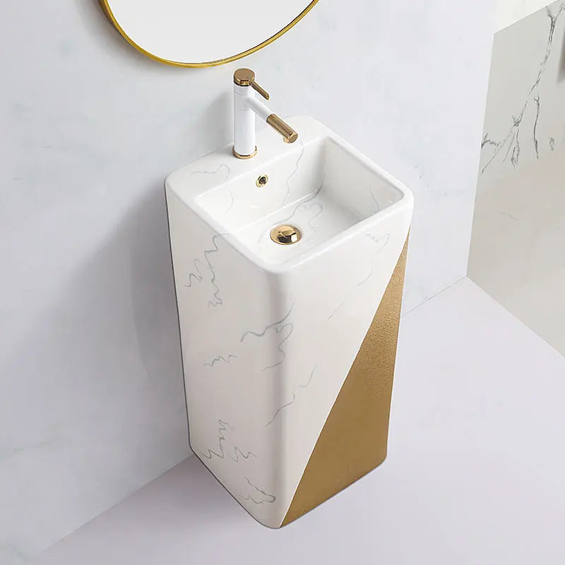 Modern Rectangular Gold Marble Pedestal Wash Basin One Piece Free Standing Ceramic White Bathroom Sink Drainer Single Hole MUBI