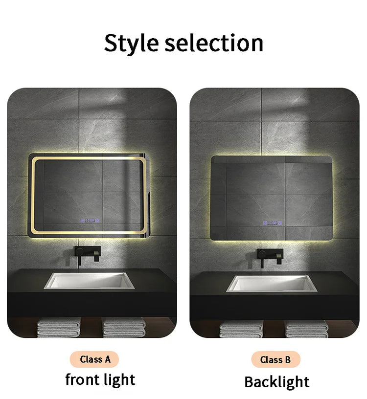 Sensor Switch Large Rectangular Vanity Mirror Anti Fog Bathroom Wall Mounted Frameless Smart Led Mirrors